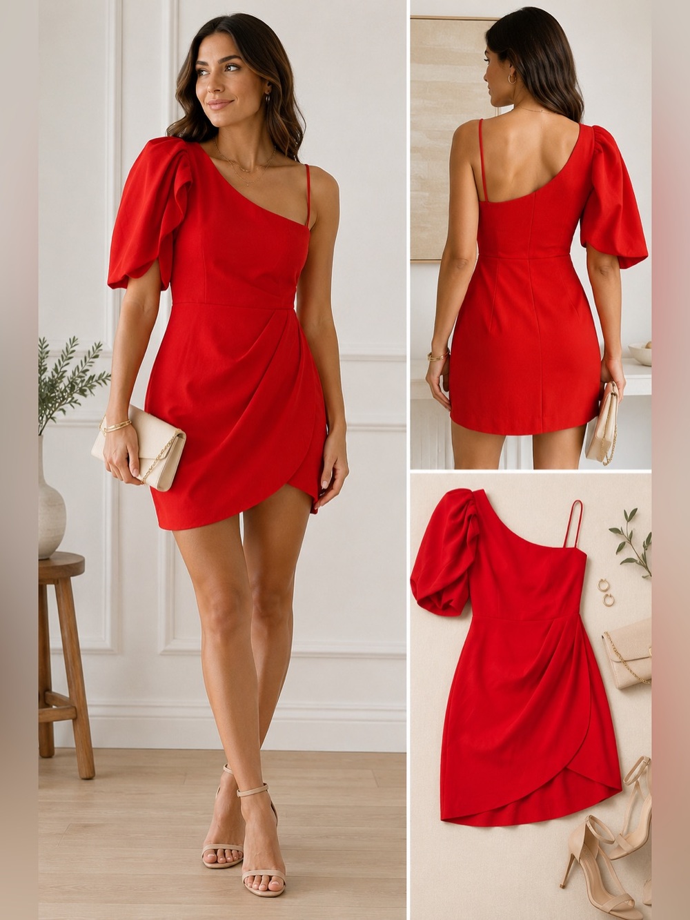 DO+BE One-Shoulder Red Cocktail Dress with Draped Skirt